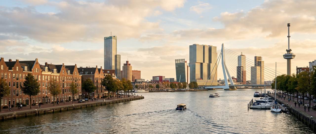 Woontorens en vooroorlogse panden aan het water in Rotterdam Centrum