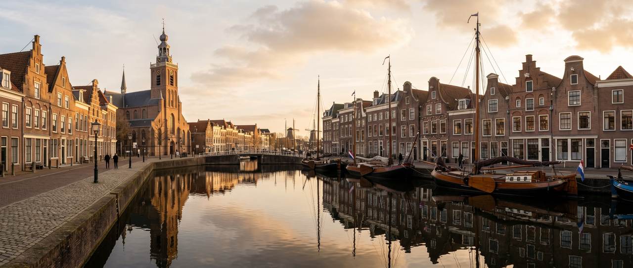De historische haven van Delfshaven met pakhuizen en de Pelgrimvaderskerk