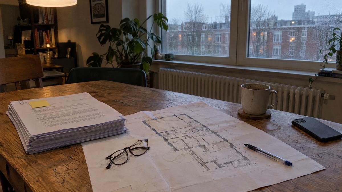 Splitsingsakte en plattegrond van een appartementengebouw op een keukentafel